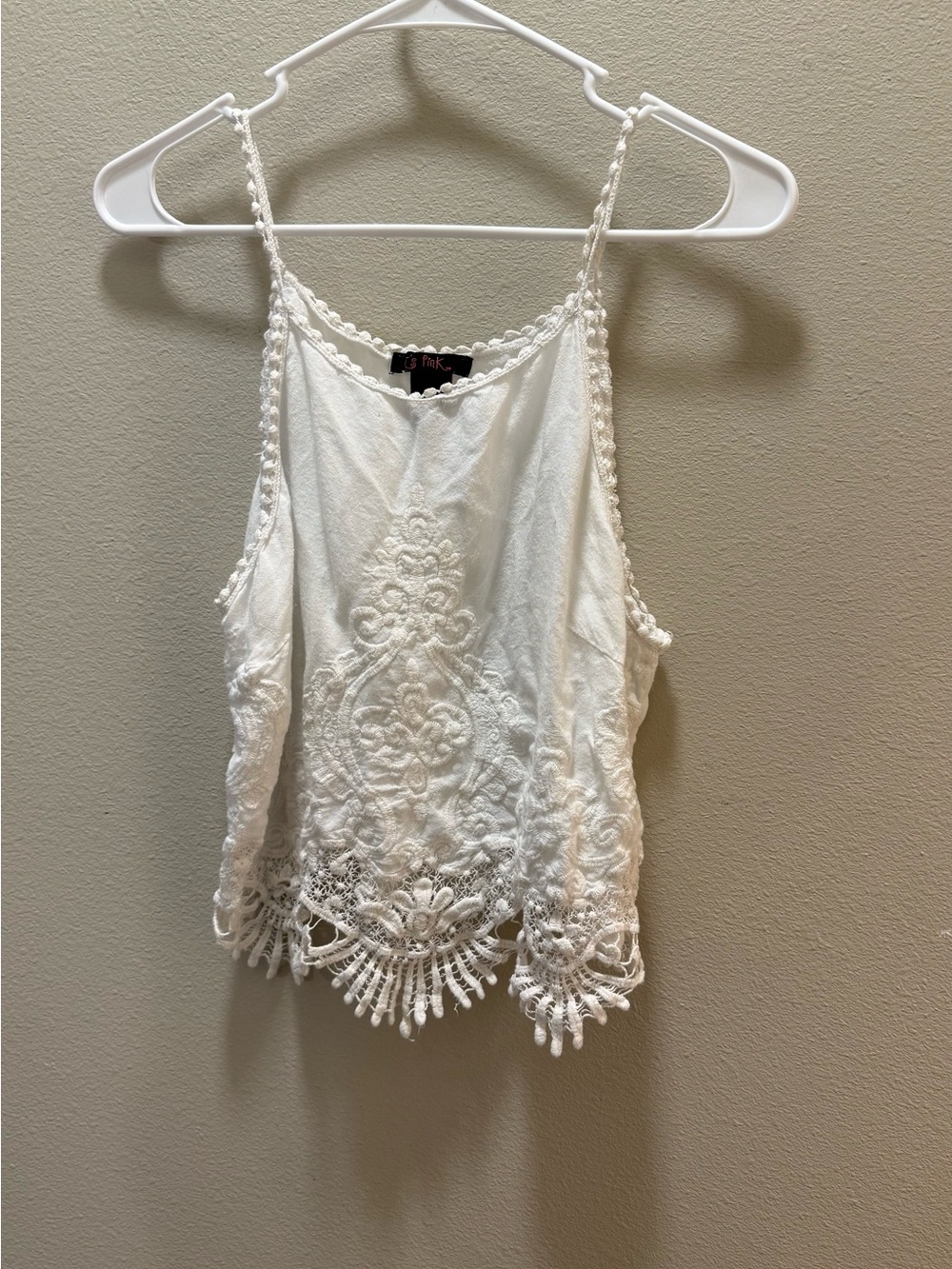 Pink Rose White Crochet-Trim Spaghetti Strap Cami
